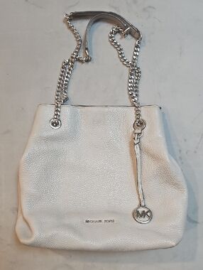 Michael Kors Cream Pebbled Leather Shoulder Tote with Silver Chain